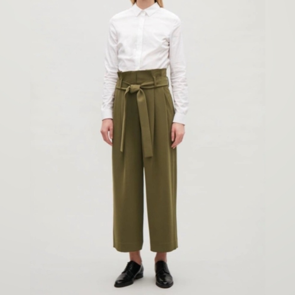 COS Belted Pants Women’s 4 Paperbag High Rise Pleated Wide Leg Culottes Olive